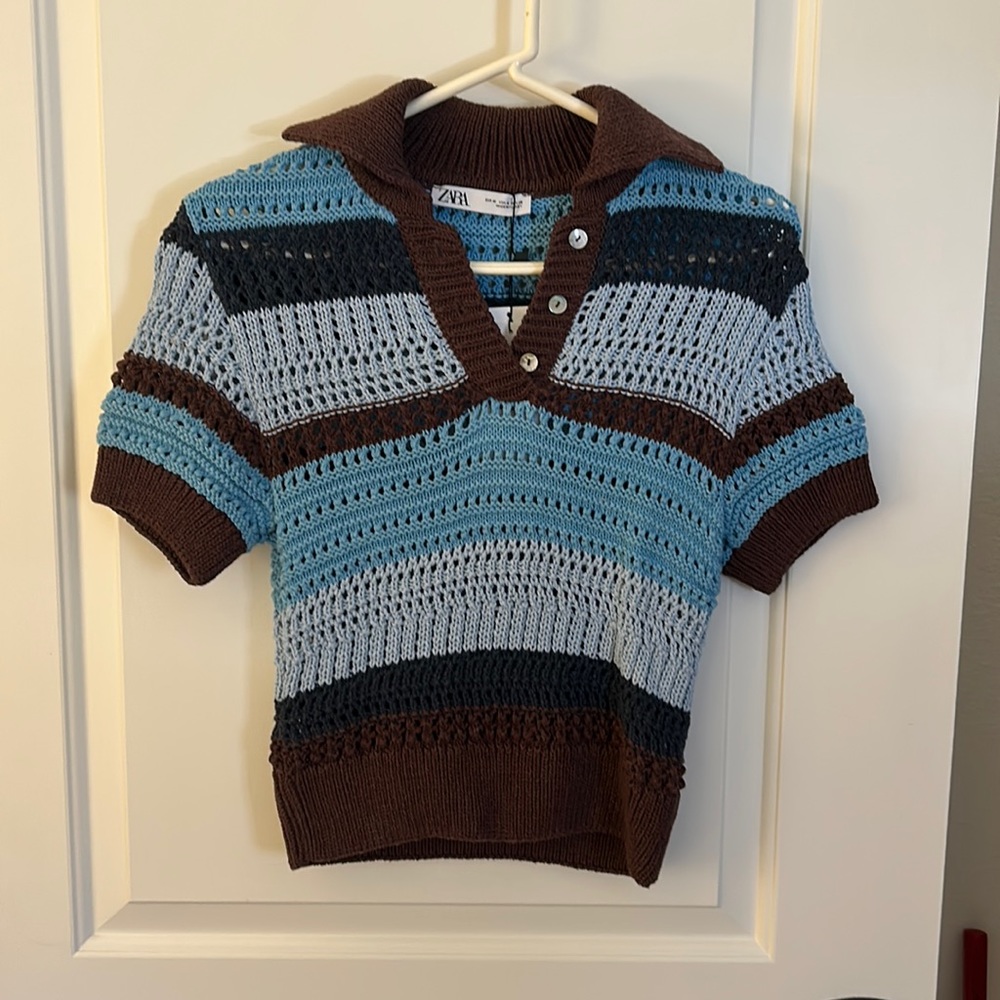 Blue and brown Knit polo top NWT